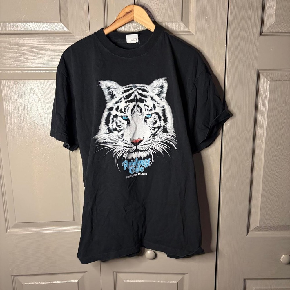 Vintage Rainforest Cafe Galveston Island White Tiger Shirt Mens XL Black Graphic